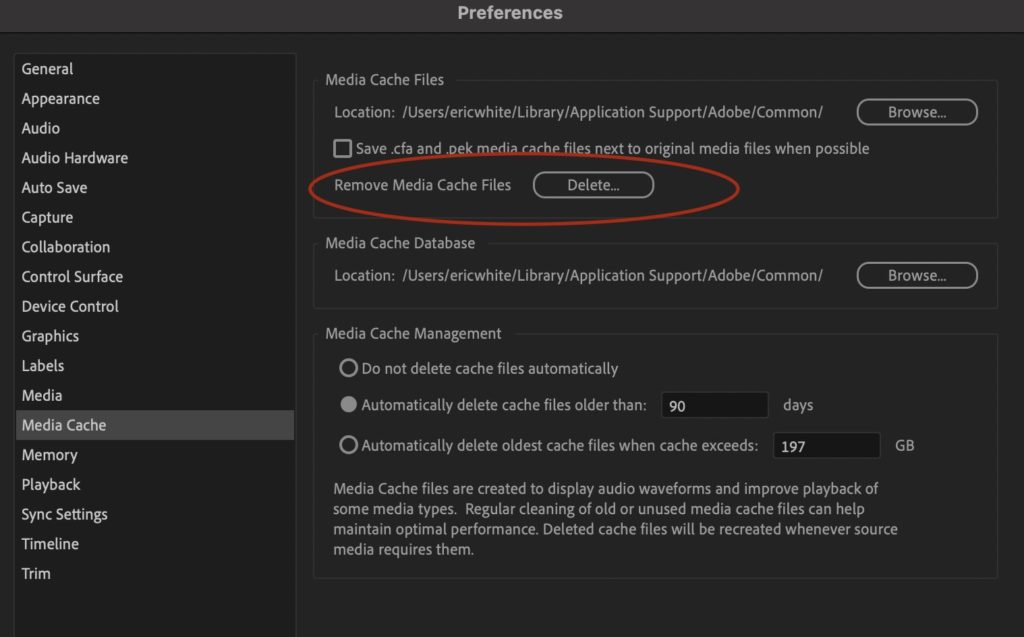 Delete Premiere Pro media cache