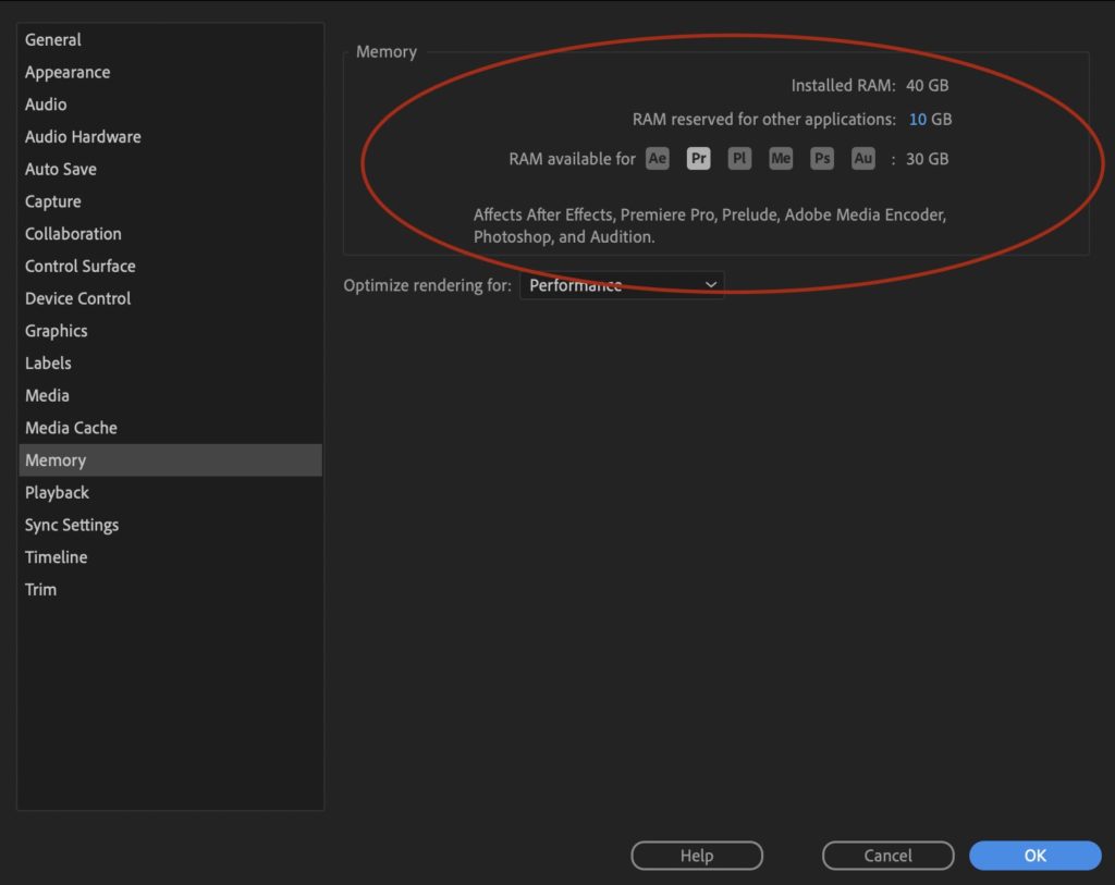 Setting RAM in Premiere Pro