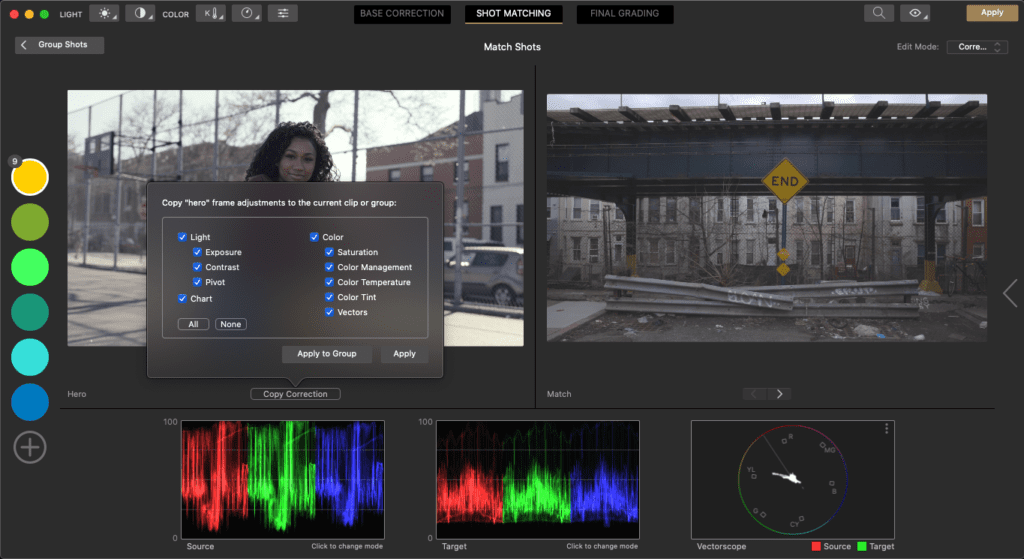 Applying "Hero Shot" color correction to footage group in Cinema Grade